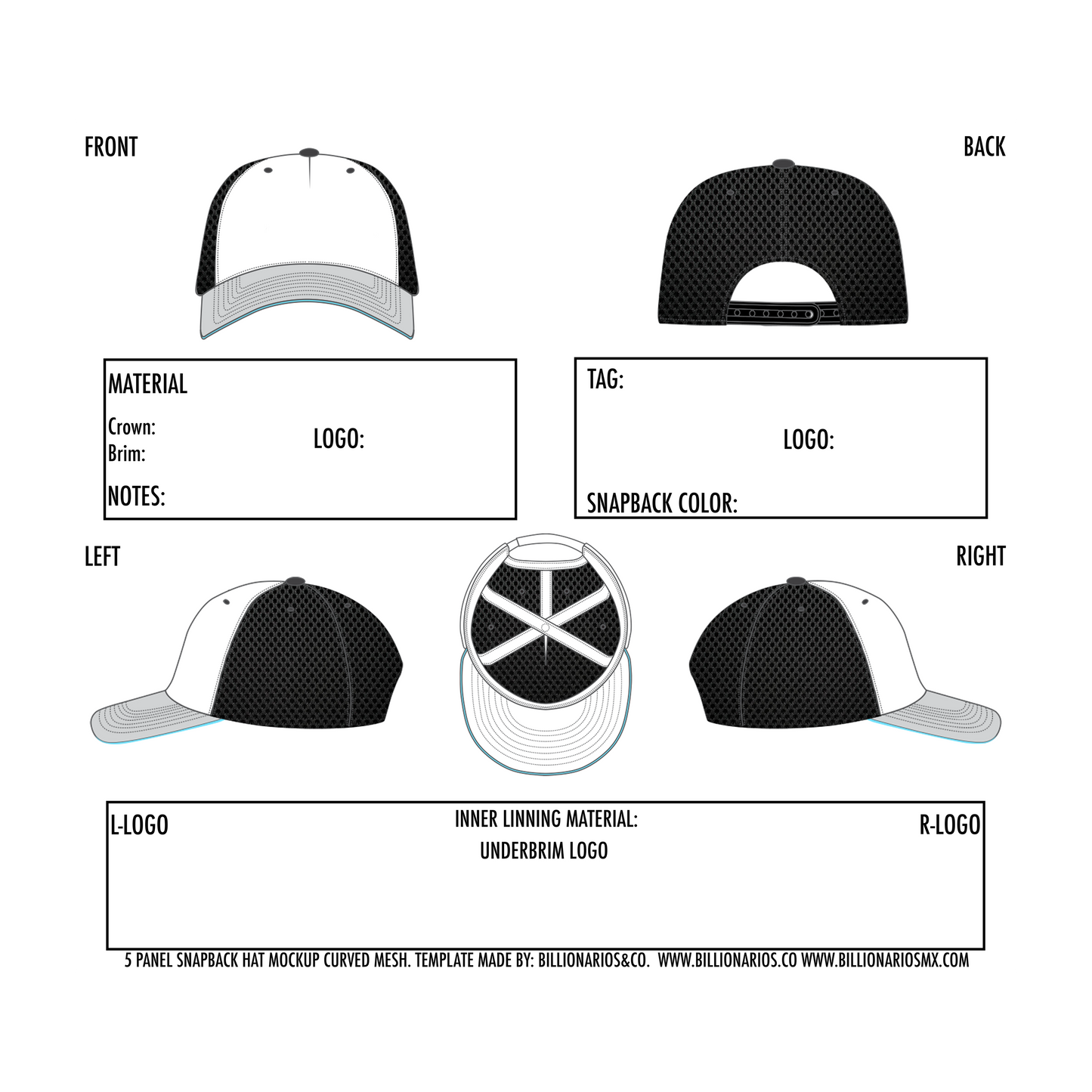 5 PANEL SNAPBACK HAT CURVED (MESH) MOCKUP PSD.